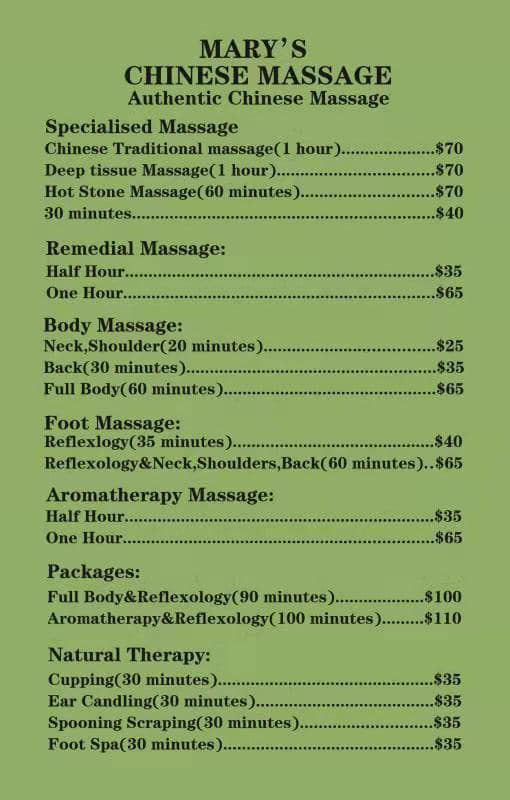 Mary's Chinese Massage Pricelist